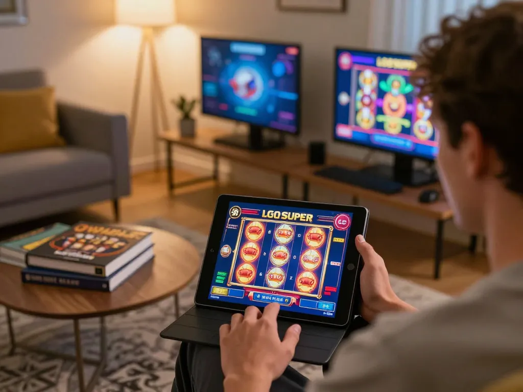 Engaging online gaming action on LGOSUPER showing a player on tablet with colorful slot interface.
