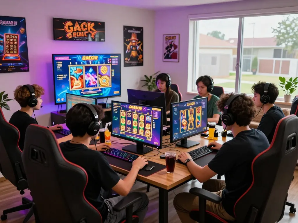 Sekelompok pemain menikmati permainan slot link gacor di pengaturan game yang cerah
