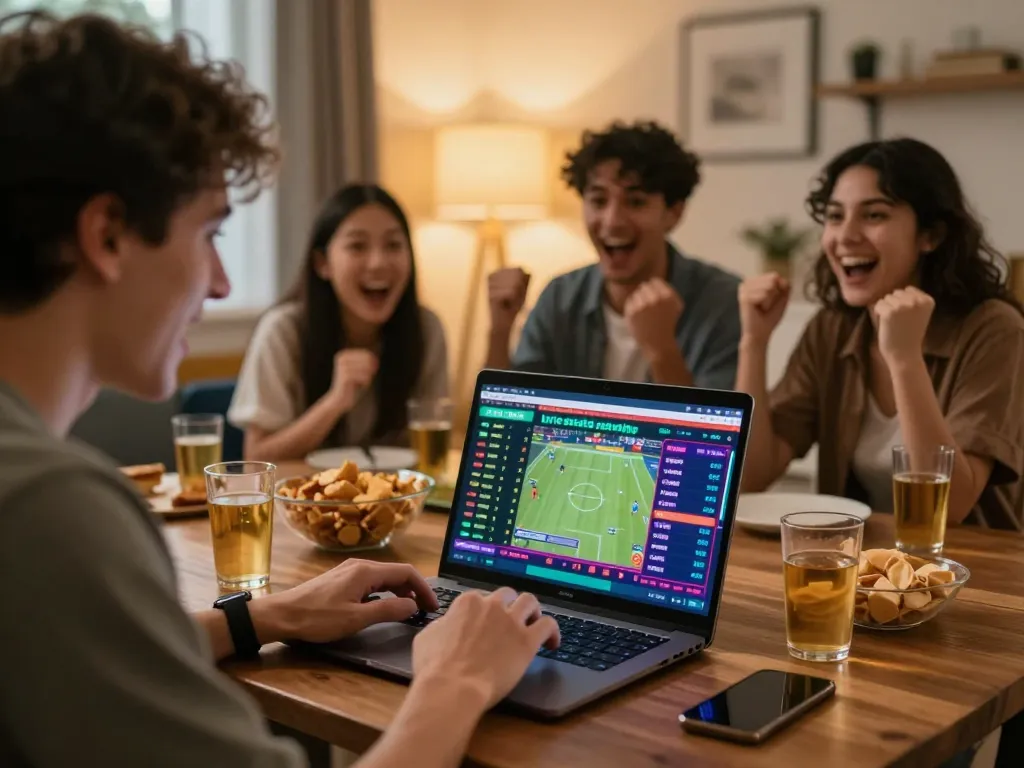 Engaging sports betting scene at home with friends, taixiusunwin.art on laptop screen showing live odds and game highlights.