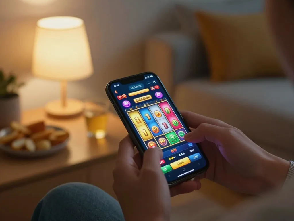 IDCASH88 mobile gaming scene with a player poised to spin colorful slot reels on a smartphone in a cozy setting