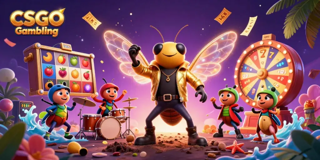 Enjoy the thrill of CSGO Gambling with an exciting illustration featuring a rock star cicada, beetle drummer, and vibrant casino elements.