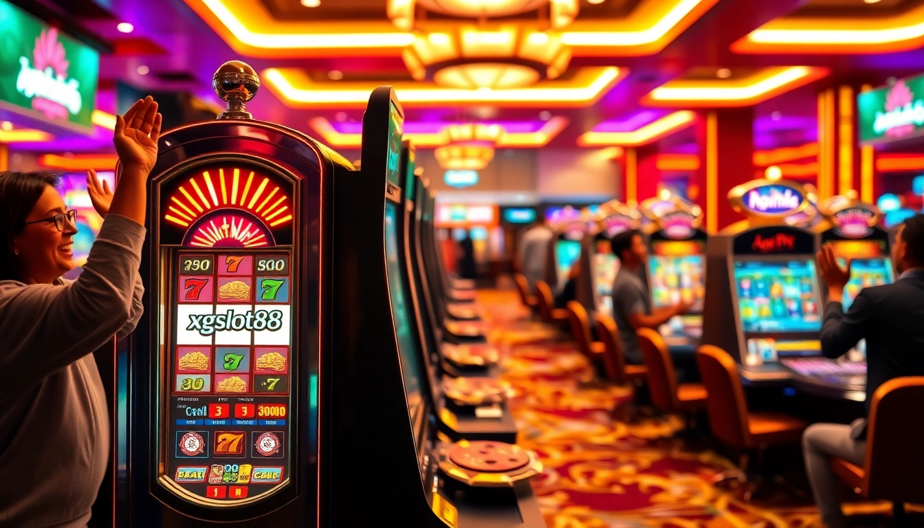Mesin slot xgslot88 yang cerah dengan pemain bersemangat yang menyemarakkan suasana kasino.