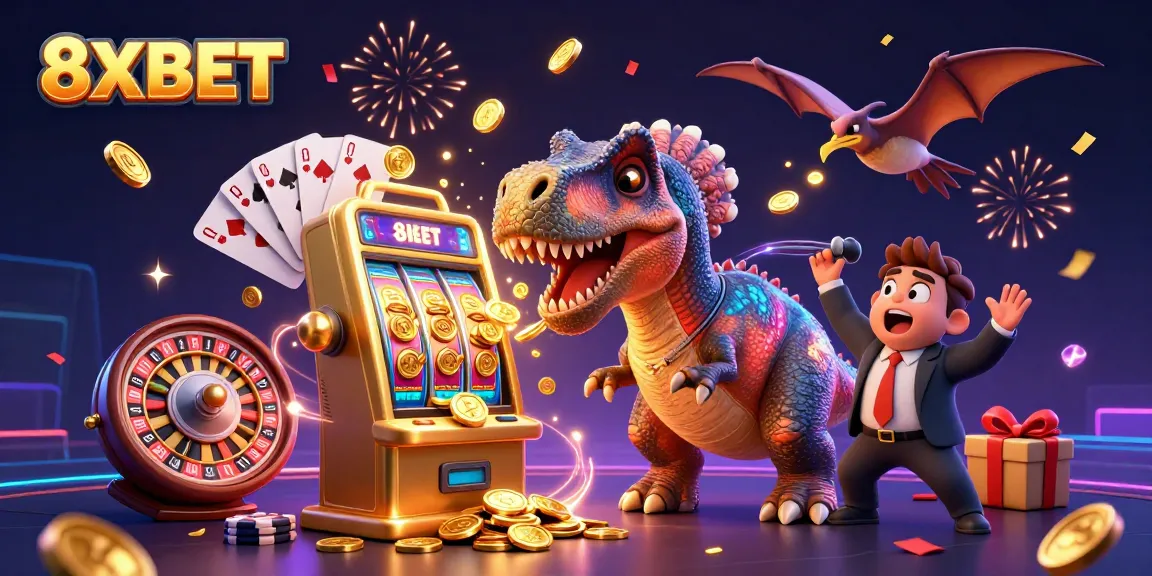 8XBET features a thrilling casino scene with a pachycephalosaurus, casino manager, and flying coins.
