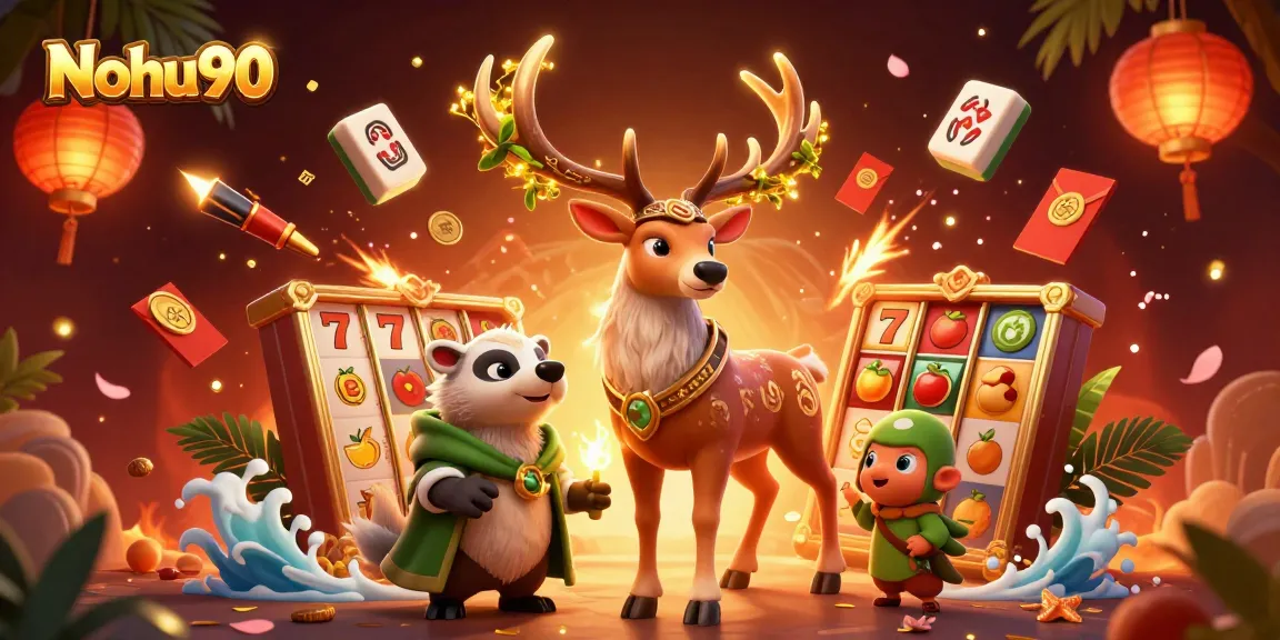 Nohu90 features a vibrant 3D scene with a Celtic druid stag, slot elements, and enchanting decorations.