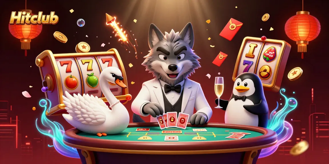 Experience excitement at Hitclub with vibrant gambling visuals of a wolf, swan, and penguin in a casino scene.