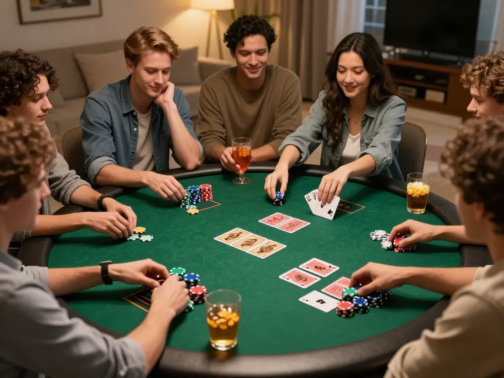 Players enjoying a thrilling poker night at home with au88 brand cards and chips, celebrating a winning hand.