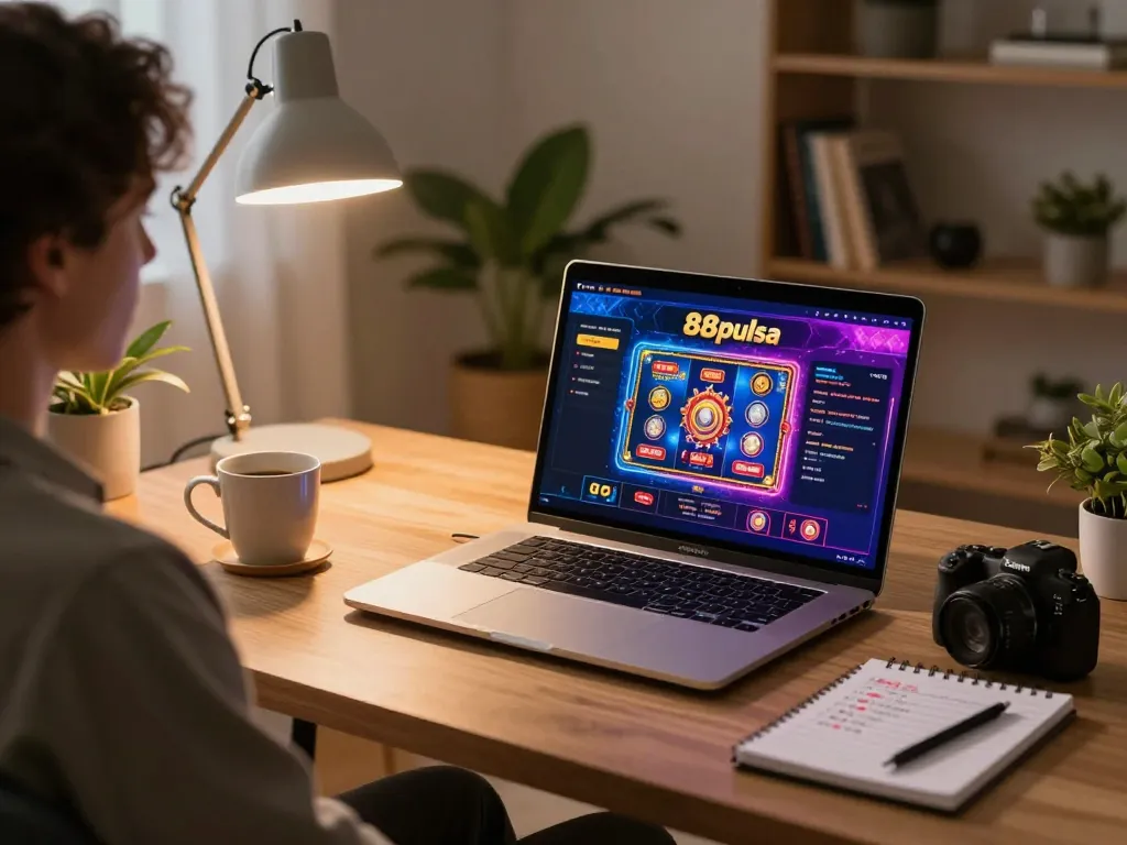 Engaging player exploring vibrant 88pulsa casino games on laptop in cozy home setting