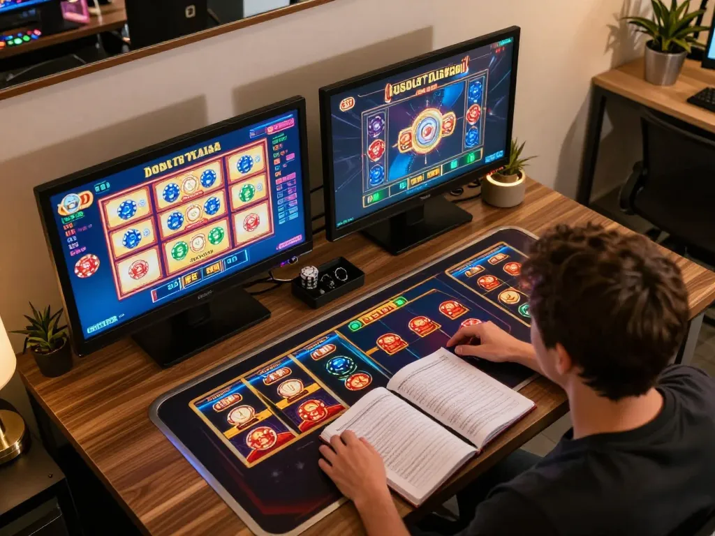 Engaging with slot pulsa games on multiple screens in a cozy home gaming setup.