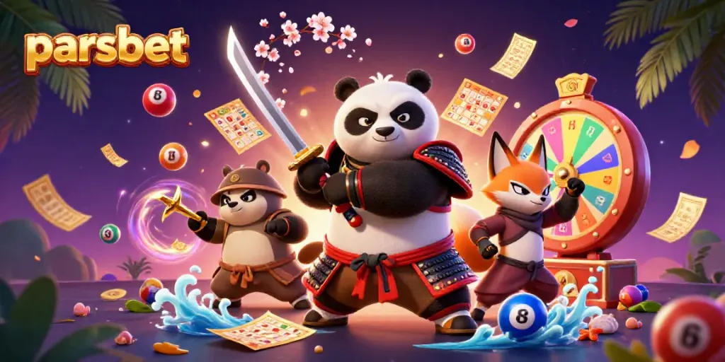 Parsbet hakkında bilgi sunan 3D panda ve ninja tilki karakterleriyle dolu dinamik sahne.