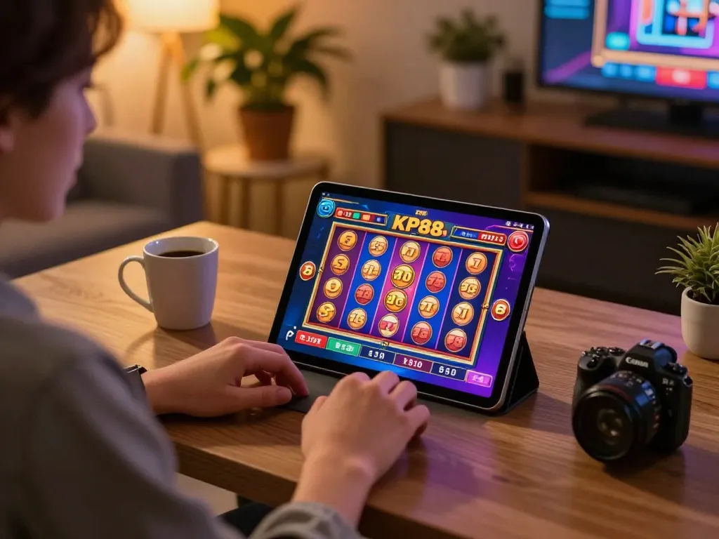 Engaging online gaming atmosphere with KP88 slot machine gameplay on tablet, creating a cozy and inviting experience.