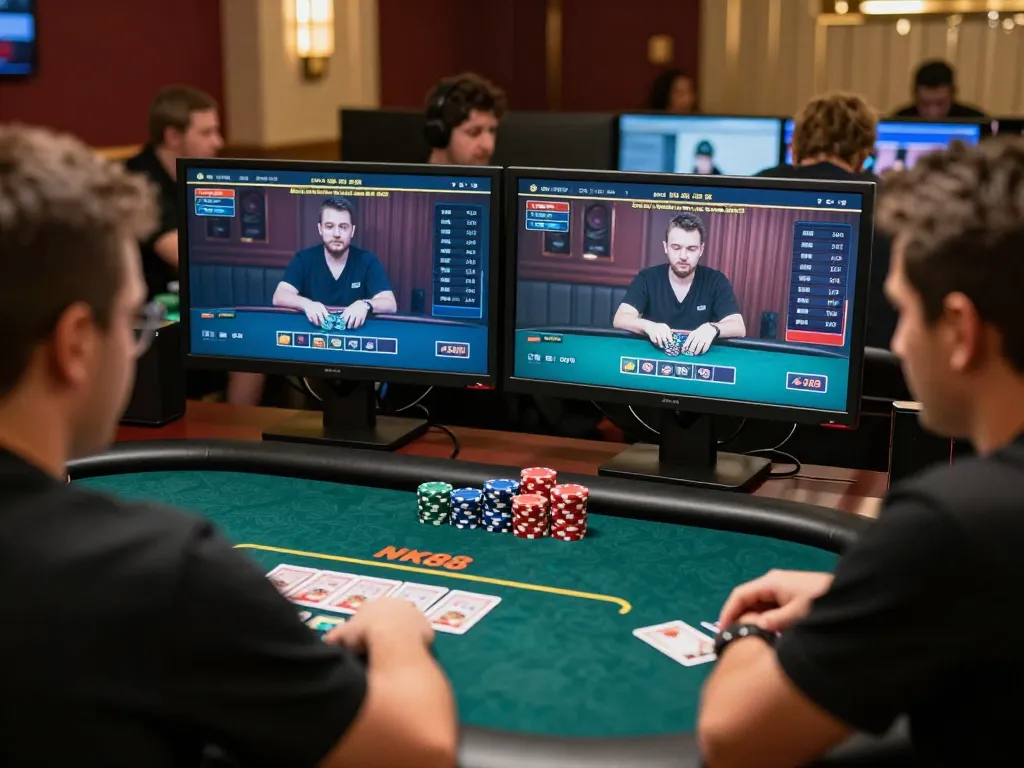 Engaged players strategizing at NK88 online poker table, showcasing vibrant gameplay.