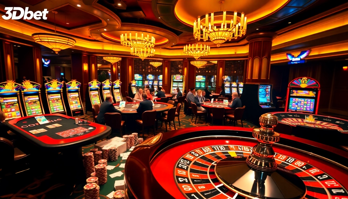 Exciting gambling action at 3Dbet with players at elegant casino tables and vibrant slot machines.