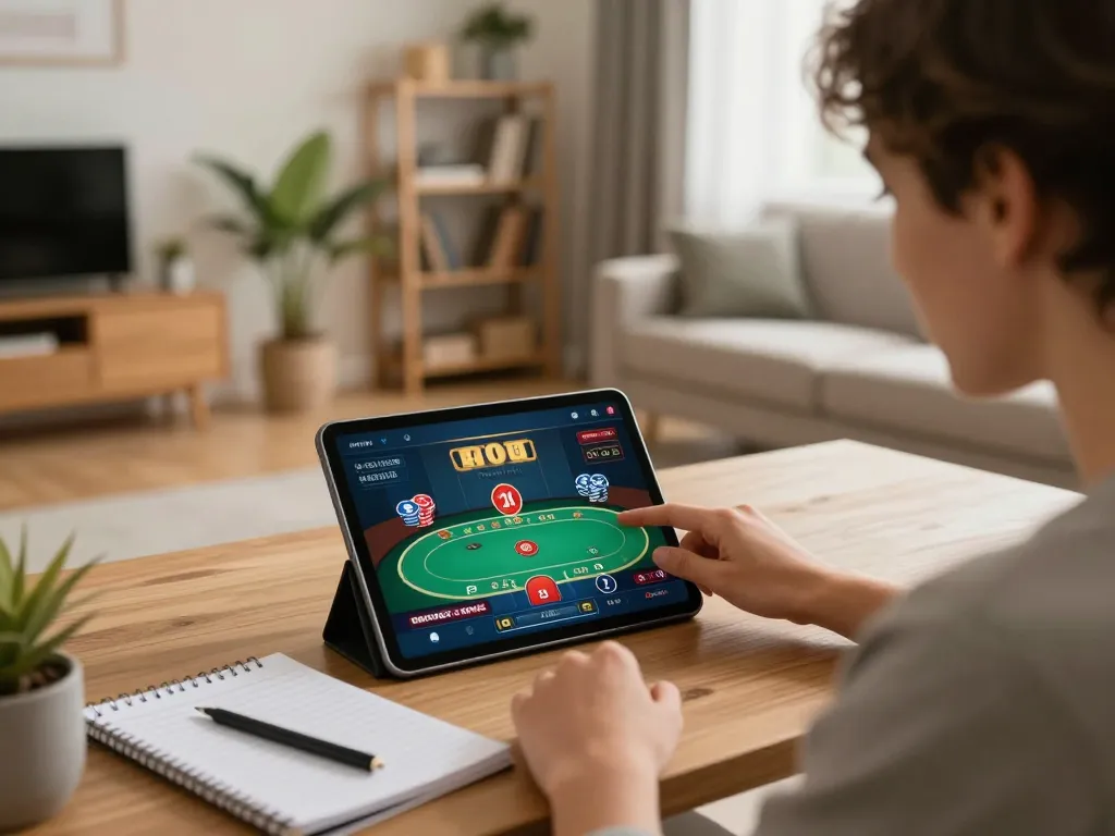 Tg88 trang chủ online gaming setup showing a player engaging with betting strategies while using a tablet.