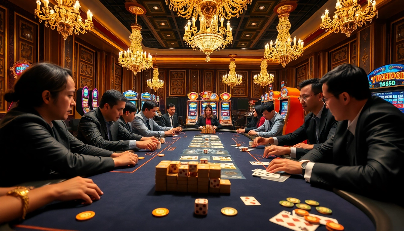 Players placing bets at the TT88 poker table in a luxurious casino setting.