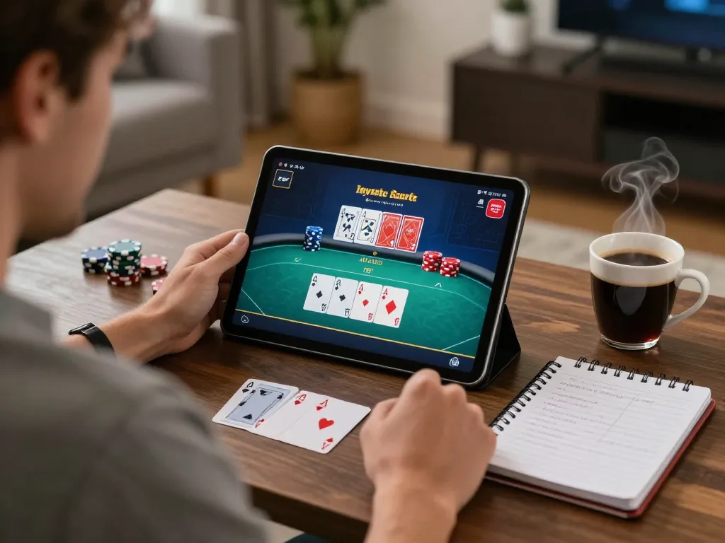 Engaging online poker gameplay on tablet at trang chủ kuwin, showcasing strategic decision-making in a cozy home setting.