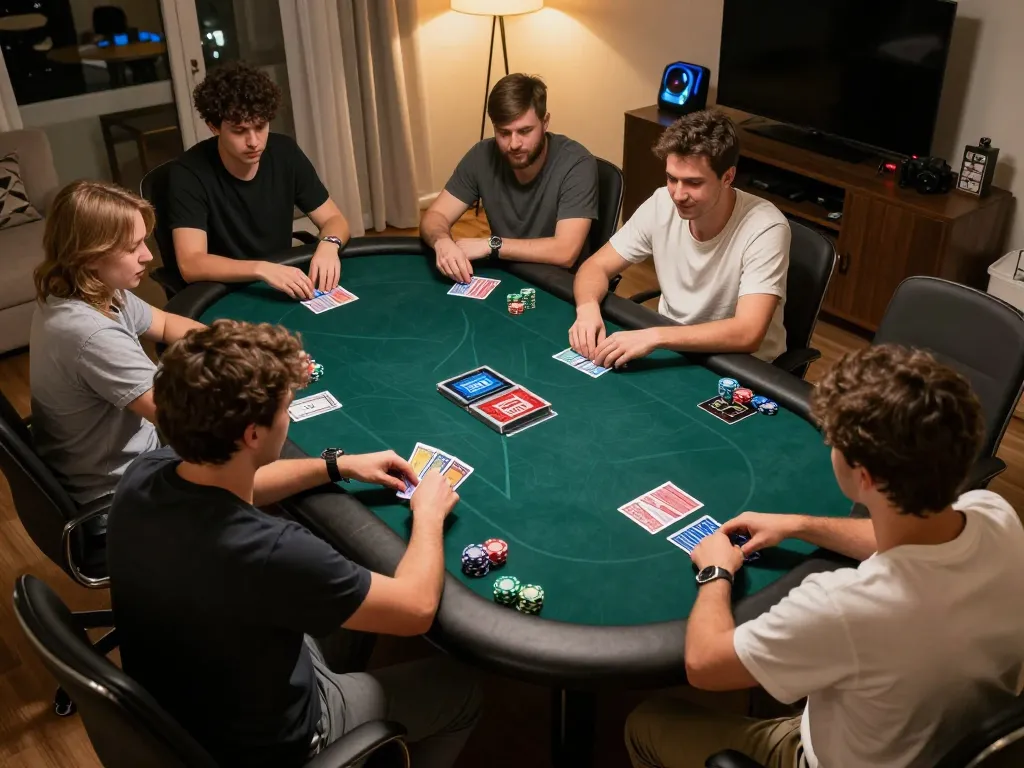 Players engaging in a strategic poker game using cm88 app at home with focused expressions and digital devices.