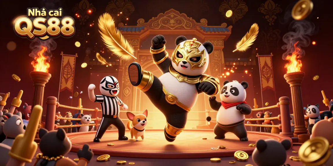 Engage with Nhà cái QS88 as a panda wrestler performs a spectacular kick in a vibrant casino atmosphere.