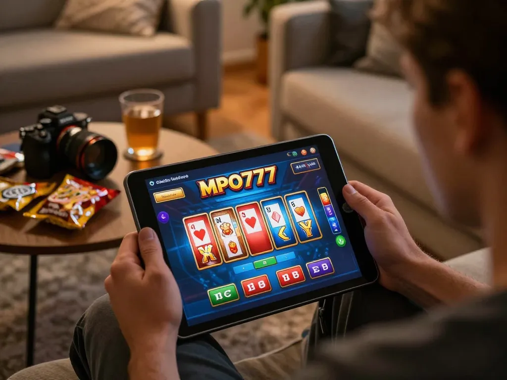 Pengguna MPO777 menikmati pengalaman bermain game online di tablet dalam suasana rumah yang nyaman, menekankan keterlibatan kasino digital.