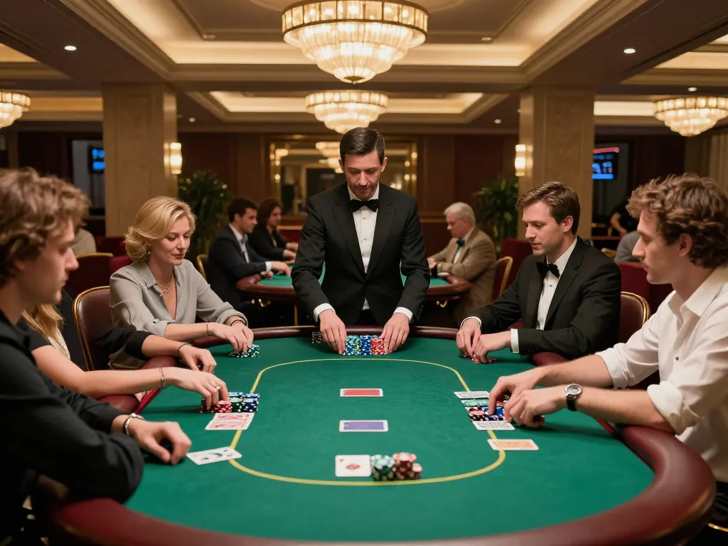 Players strategizing over poker at MM88, engaging with chips and cards in a luxurious casino