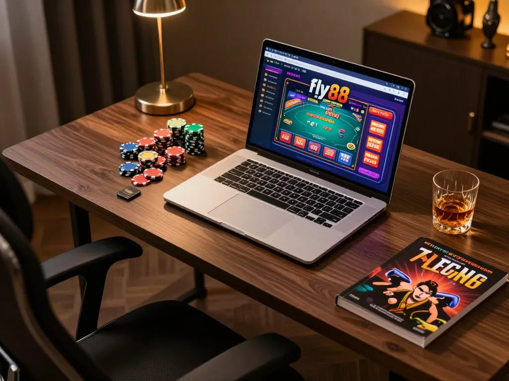Engage with Fly88 on a stylish laptop in a sophisticated gaming environment.
