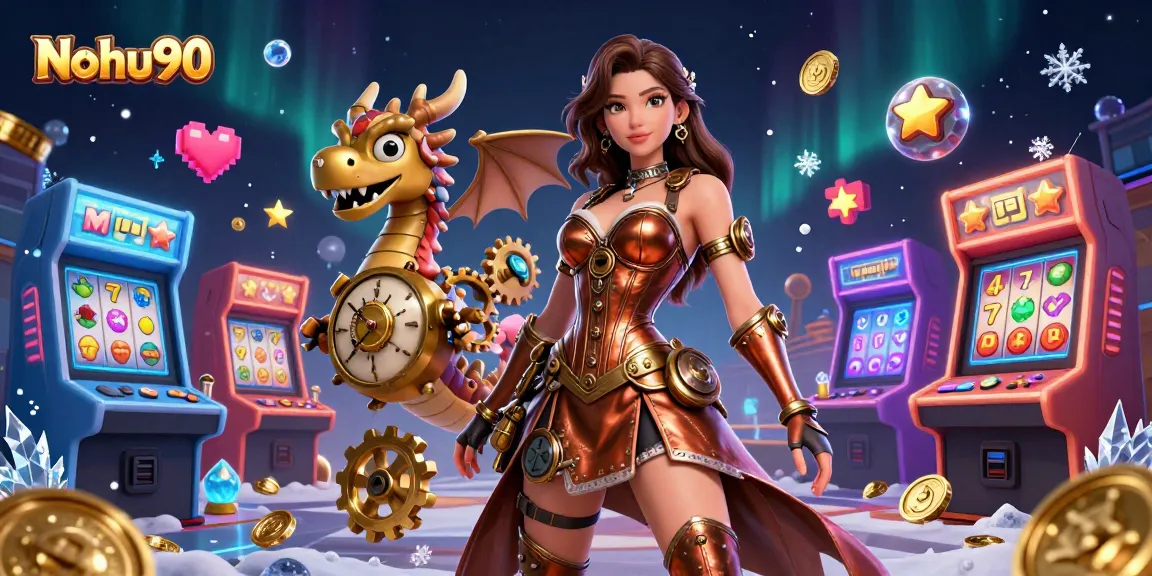 Nohu90 gaming experience featuring a stunning woman and a clockwork dragon among vibrant casino elements.