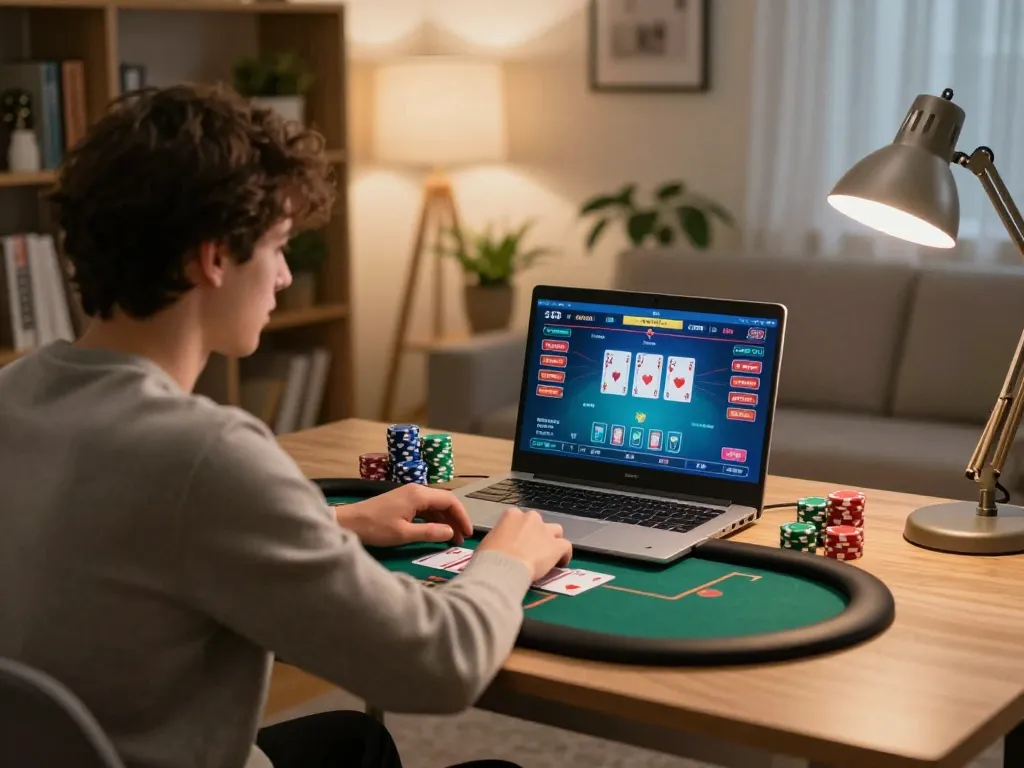 Create a Caricature of a player enjoying poker in a cozy home office with engaging gameplay.