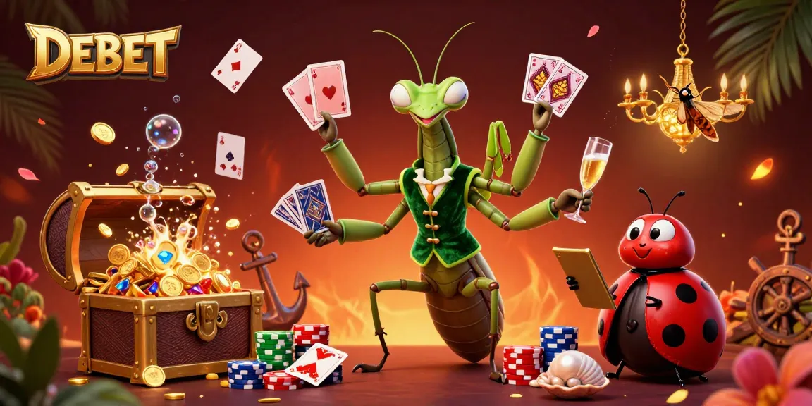 Experience thrilling DEBET gaming action with colorful cards, gold coins, and vibrant casino characters.