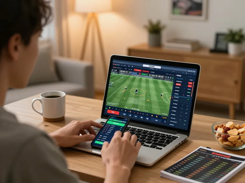 CM88 user engaged in strategic sports betting analysis at home, showcasing laptop and smartphone with odds.