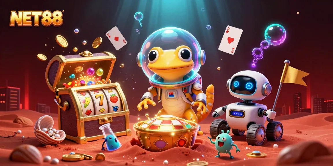 Experience the thrilling excitement at NET88 with a Martian gecko uncovering a golden casino.