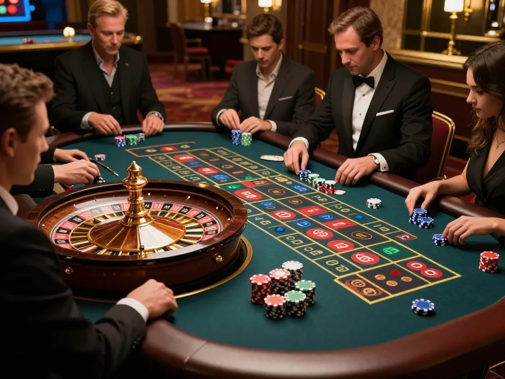 Players placing pragmatic bets at a roulette table in a luxury casino setting.