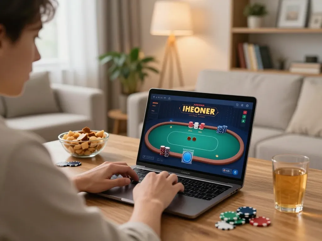 Engaging in poker online gameplay on a laptop in a cozy living room
