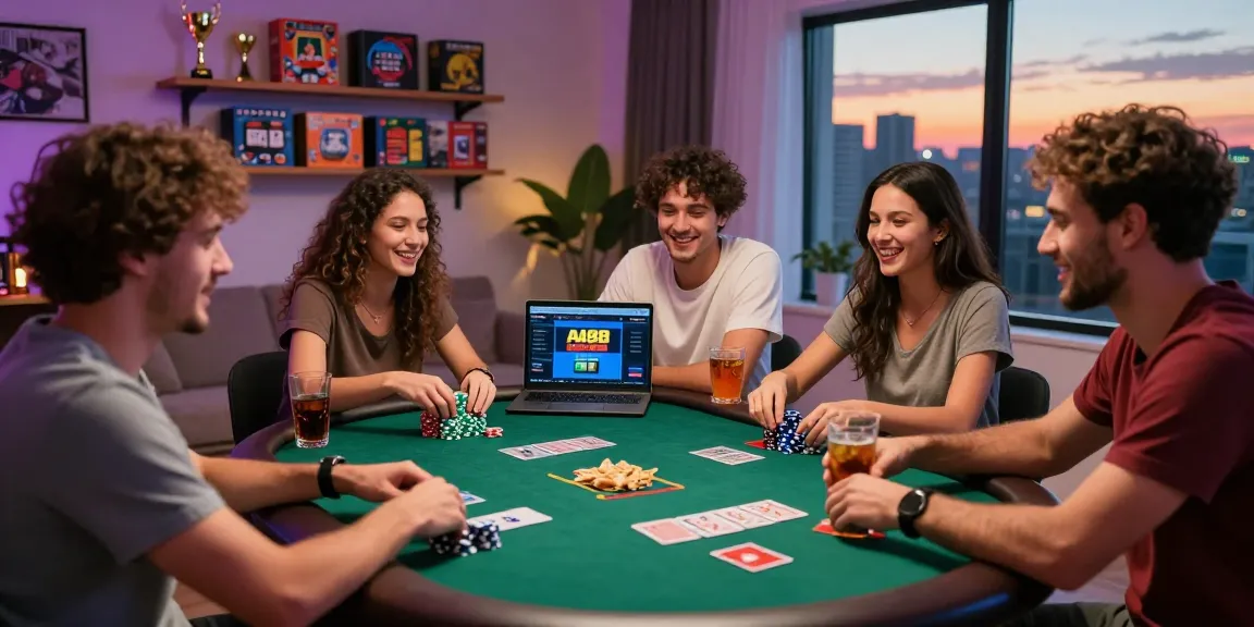 Exciting game night scene with friends enjoying AA88 BET online betting at home.