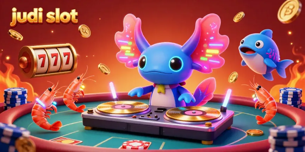 Menghadirkan judi slot, ilustrasi 3D kartun dengan DJ axolotl berwarna neon dikelilingi elemen slot dan dadu berwarna-warni.