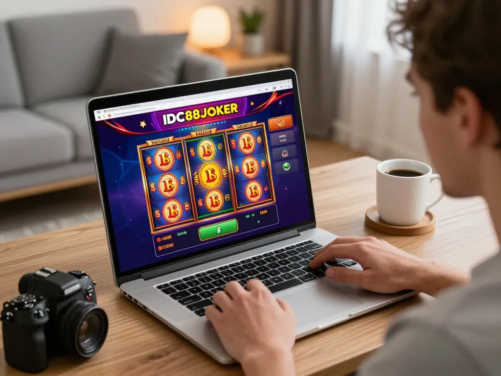 IDC88JOKER online gaming interface illustrates exciting slot gameplay in a cozy home setting