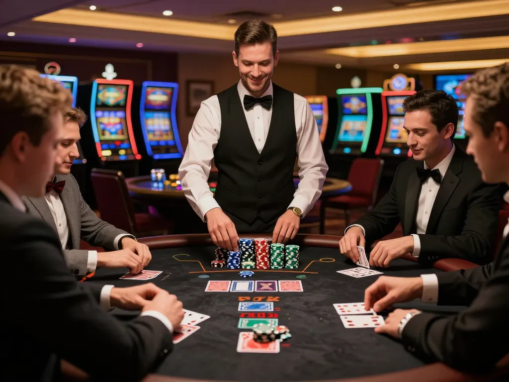 Players analyzing their hands while betting on Boutiq Carts at an upscale casino blackjack table.