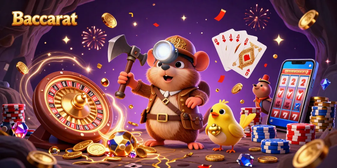 Baccarat game scene with vibrant 3D characters, golden coins, and colorful casino elements
