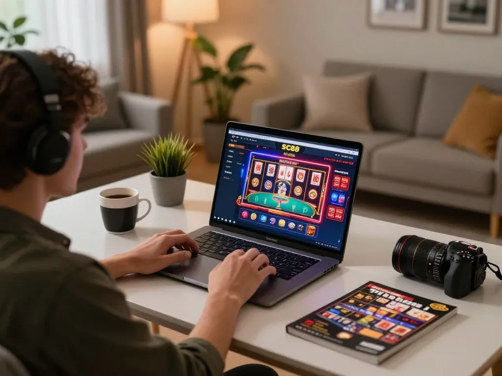 Player engaging with SC88 online casino interface, showing vibrant gameplay experience in cozy home setup