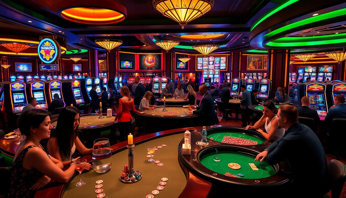 SODO casino scene showcasing lively poker and roulette tables filled with eager gamblers.