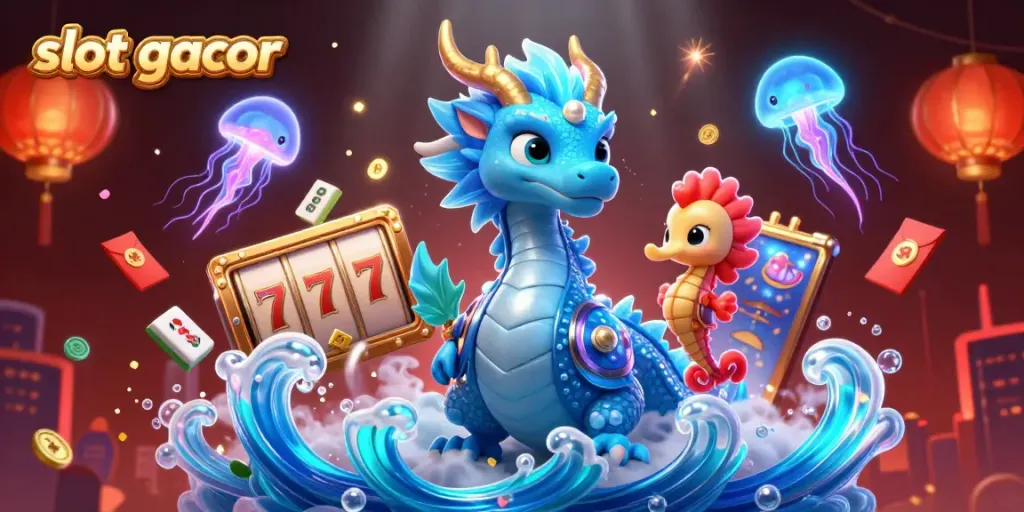 Engage with slot gacor gameplay featuring a vibrant scene with a water dragon, seahorse knight, and glowing jellyfish.
