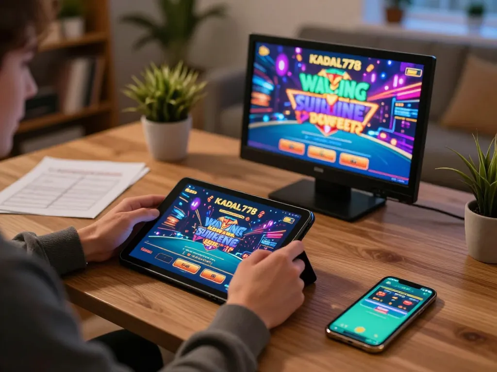 KADAL778 user engaging in online gaming on a tablet with supportive strategy notes and a smartphone