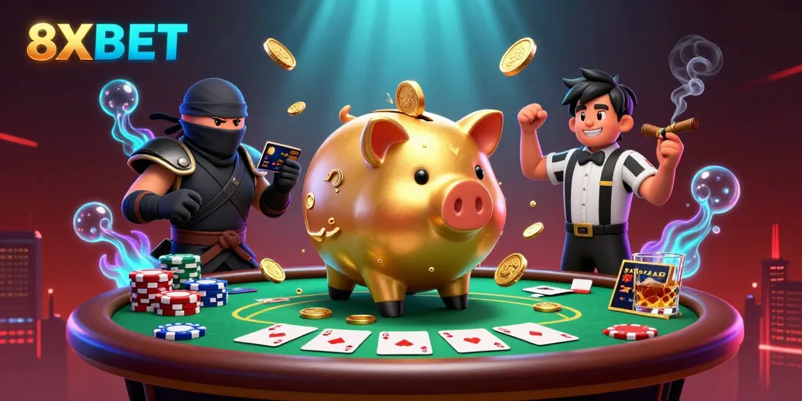 Experience the excitement of 8XBET with dramatic casino action featuring a mystical golden piggy bank, ninja, and samurai.