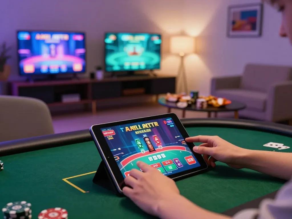 Engaging gameplay on MPOID poker app displayed on a tablet, showcasing live dealer action.