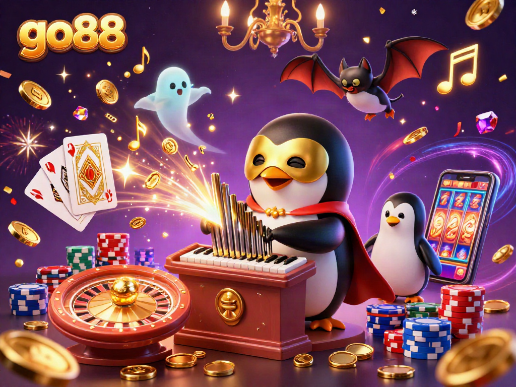 Experience the excitement of go88 with a vibrant 3D illustration of a penguin playing a pipe organ adorned with golden coins.