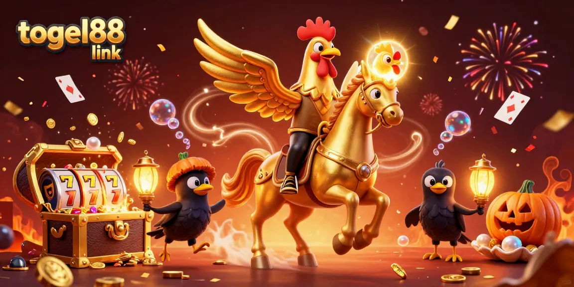 Engaging scene showcasing the togel88 link with a golden rooster rider amid vibrant casino elements and treasures.