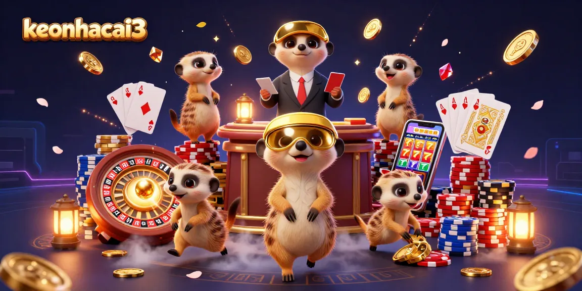 Engaging meerkats manage a casino in an elaborate scene, showcasing keonhacai3 with vibrant game elements.