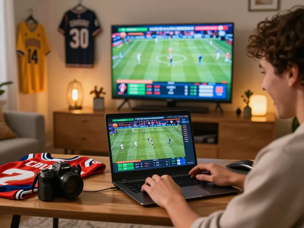 Person enjoying live betting on winstrike69 sportsbook with game statistics visible on laptop screen.