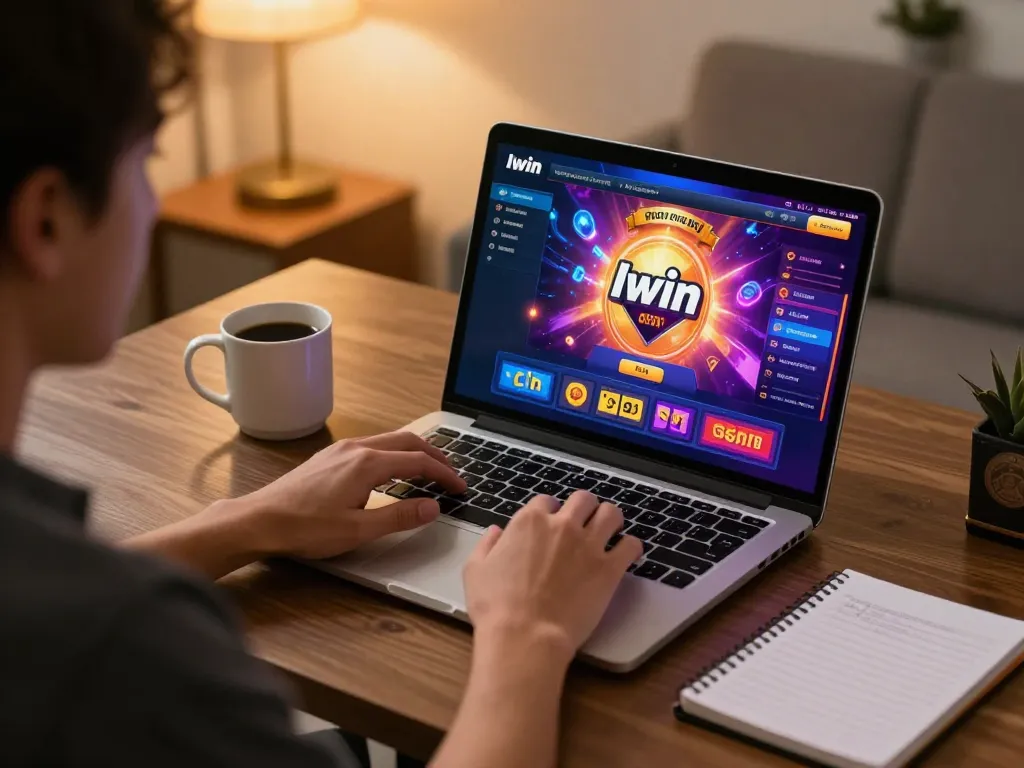 Iwin user engaged in online casino gaming with vibrant laptop interface and strategy notes