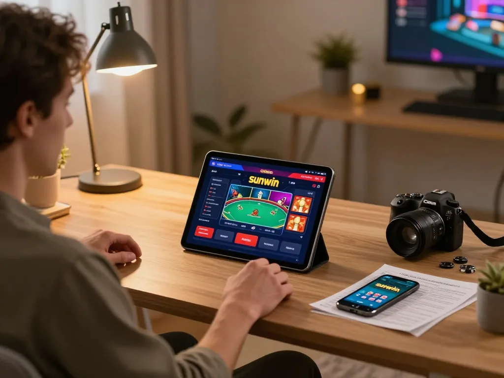 Enjoying a thrilling game on the sunwin casino app from a comfortable home setup.