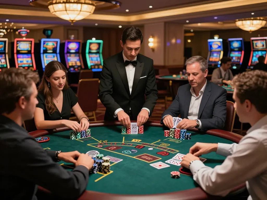 Tg88 players strategically placing bets at an exciting blackjack table in a lively casino atmosphere.