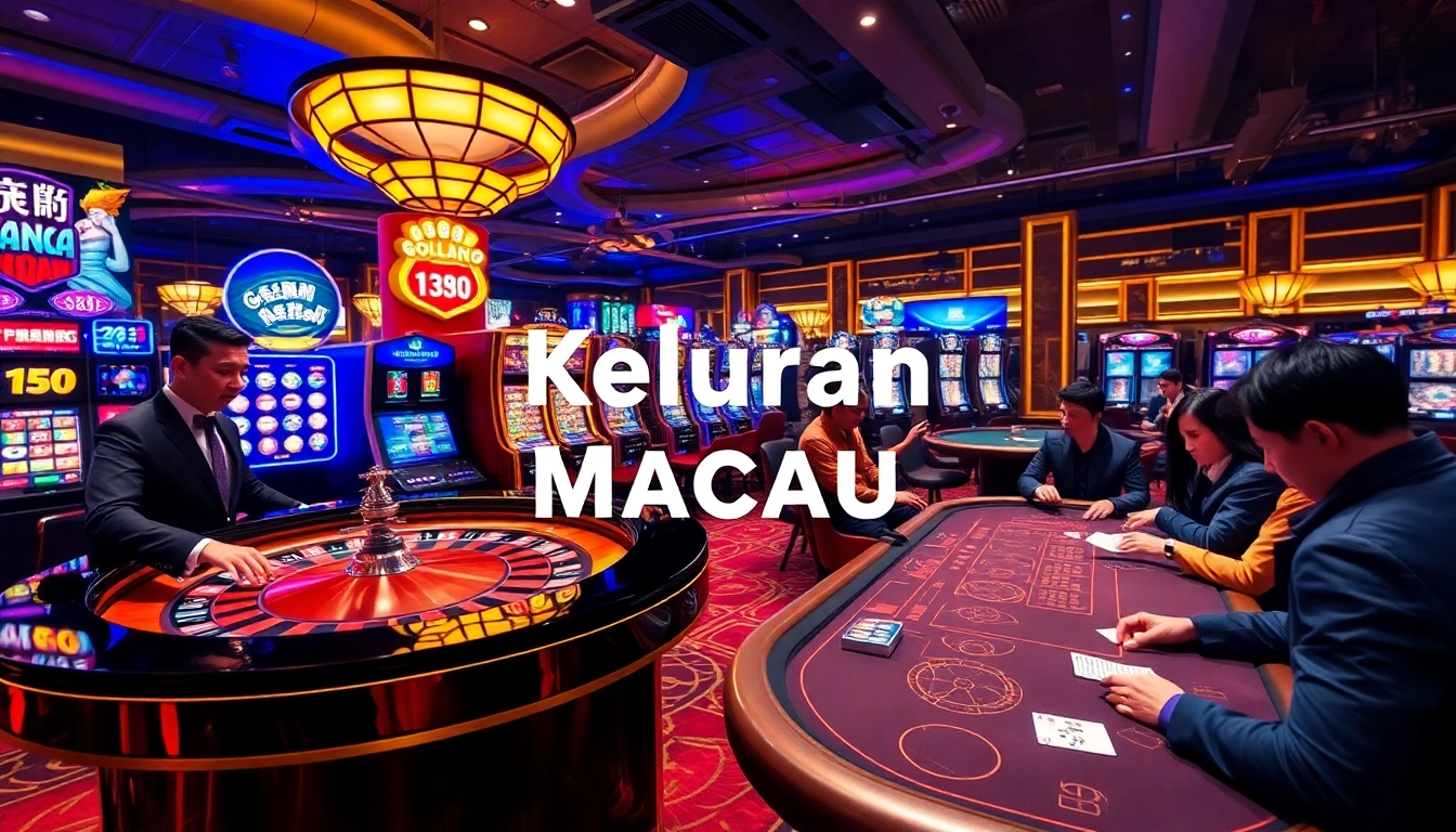 Keluaran Macau results displayed at a vibrant casino table, featuring poker chips and roulette wheel.